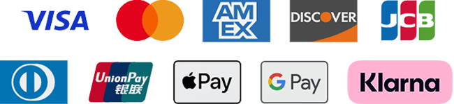 Visa, Mastercard, American Express, Discover, JCB, Diners Club, Union Pay, Apple Pay, Google Pay, Klarna